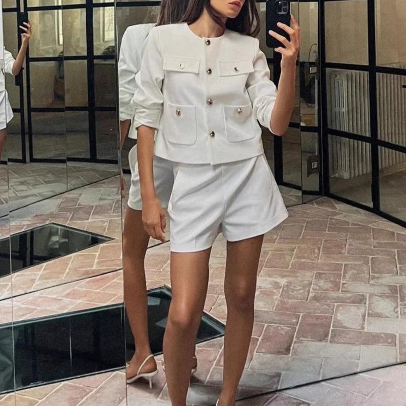 Early Autumn New Women's Clothing Fashion Style Temperament Crew Neck Long Sleeves Gold Button Short Suit Outwear 8630555