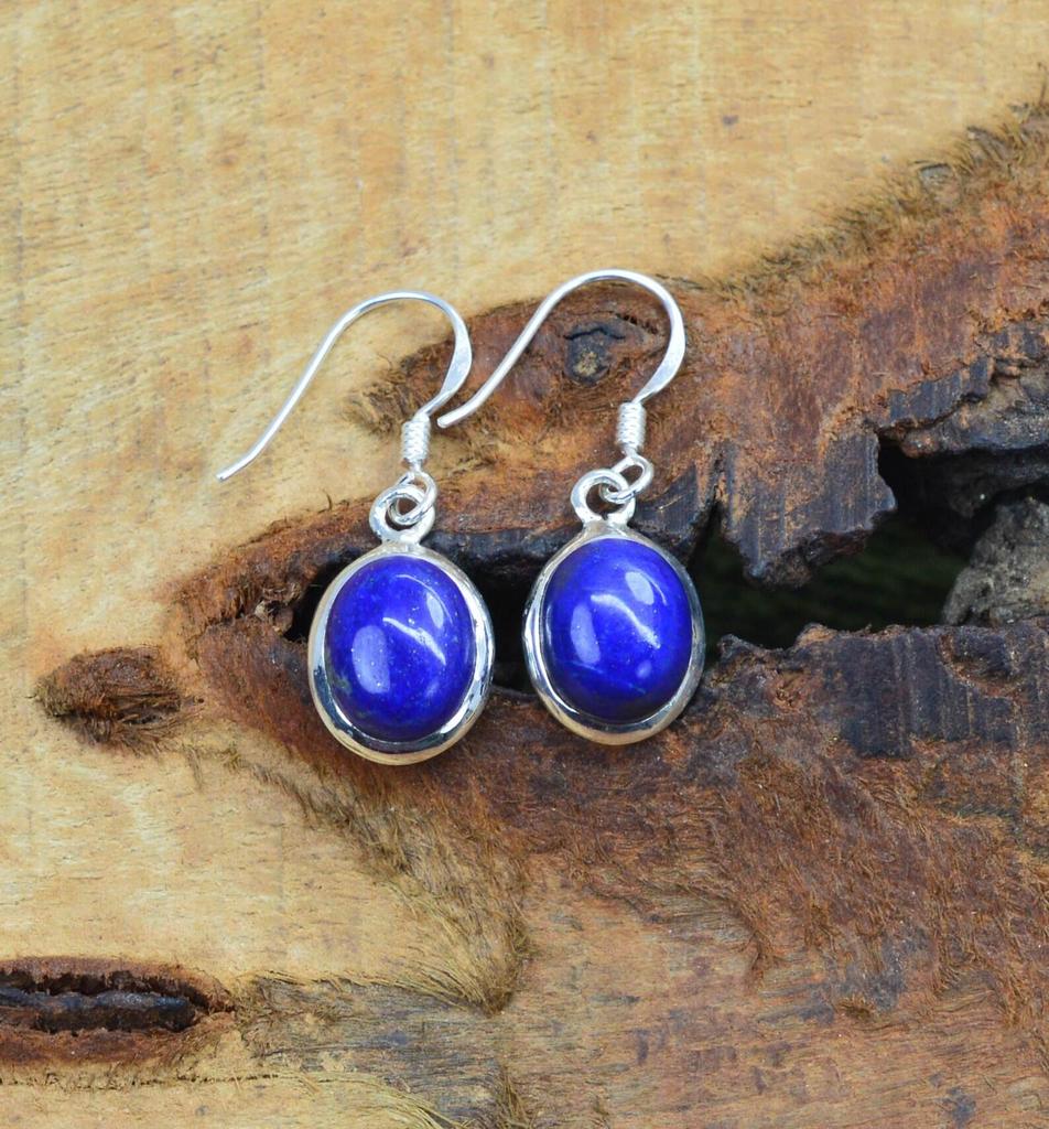 Solid 925 Sterling Silver Lapis Lazuli Gemstone Handmade Designer Earrings Women Jewelry