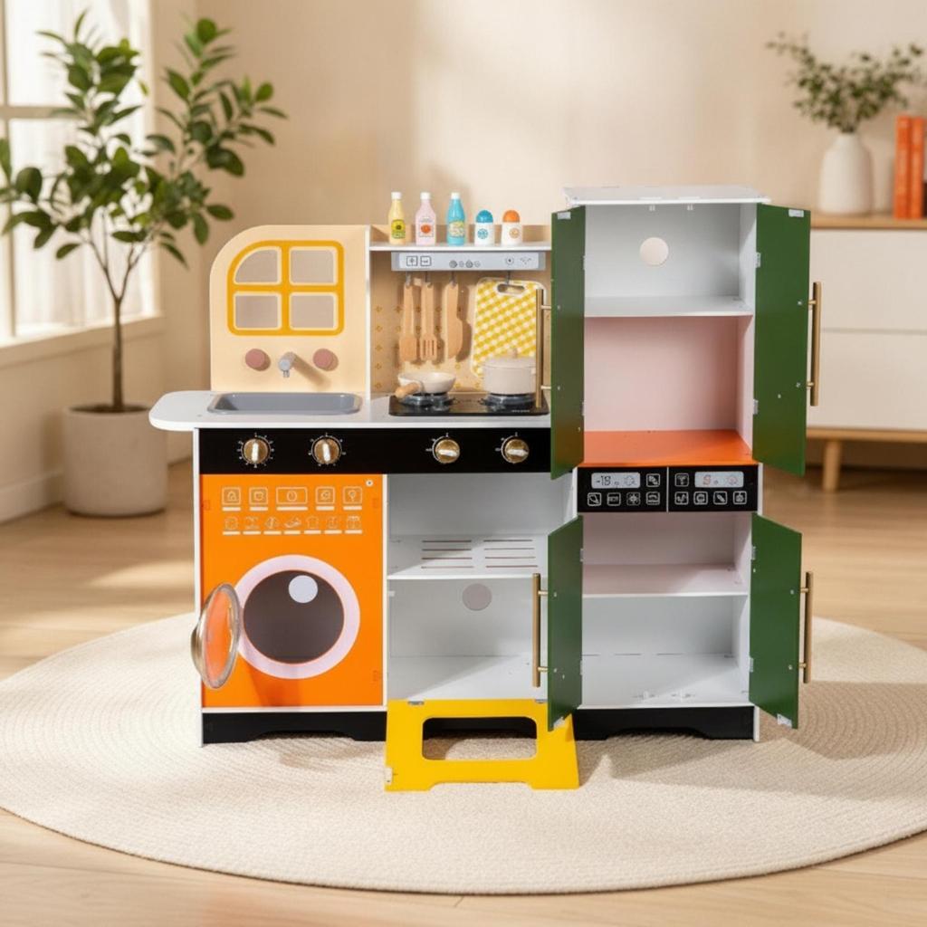 Wooden Play Kitchen with Sound for Playroom, Young Children