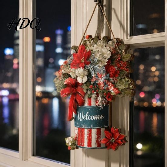 Indoor Outdoor Xmas Welcome Plaque Christmas Sign for Front Door Rustic Wooden Hanging Ornament Festival Gift New Home Wall Decor with Lanyard