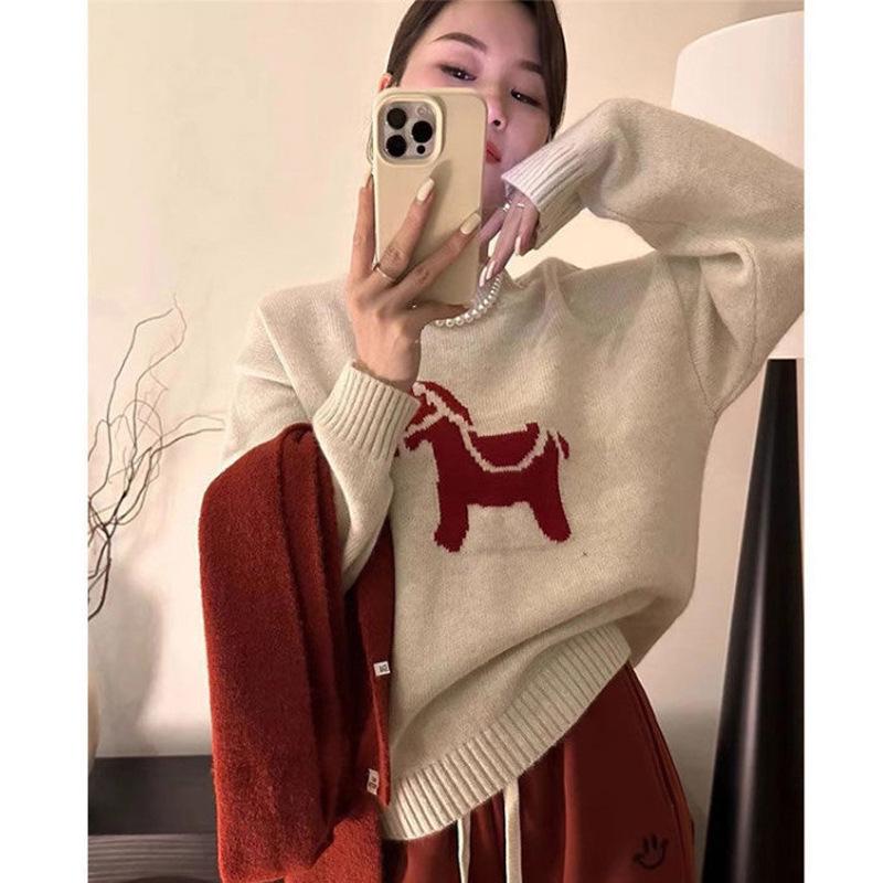 Cute Jacquard Horse Pattern Knit Sweater - Women's Red Christmas Edition