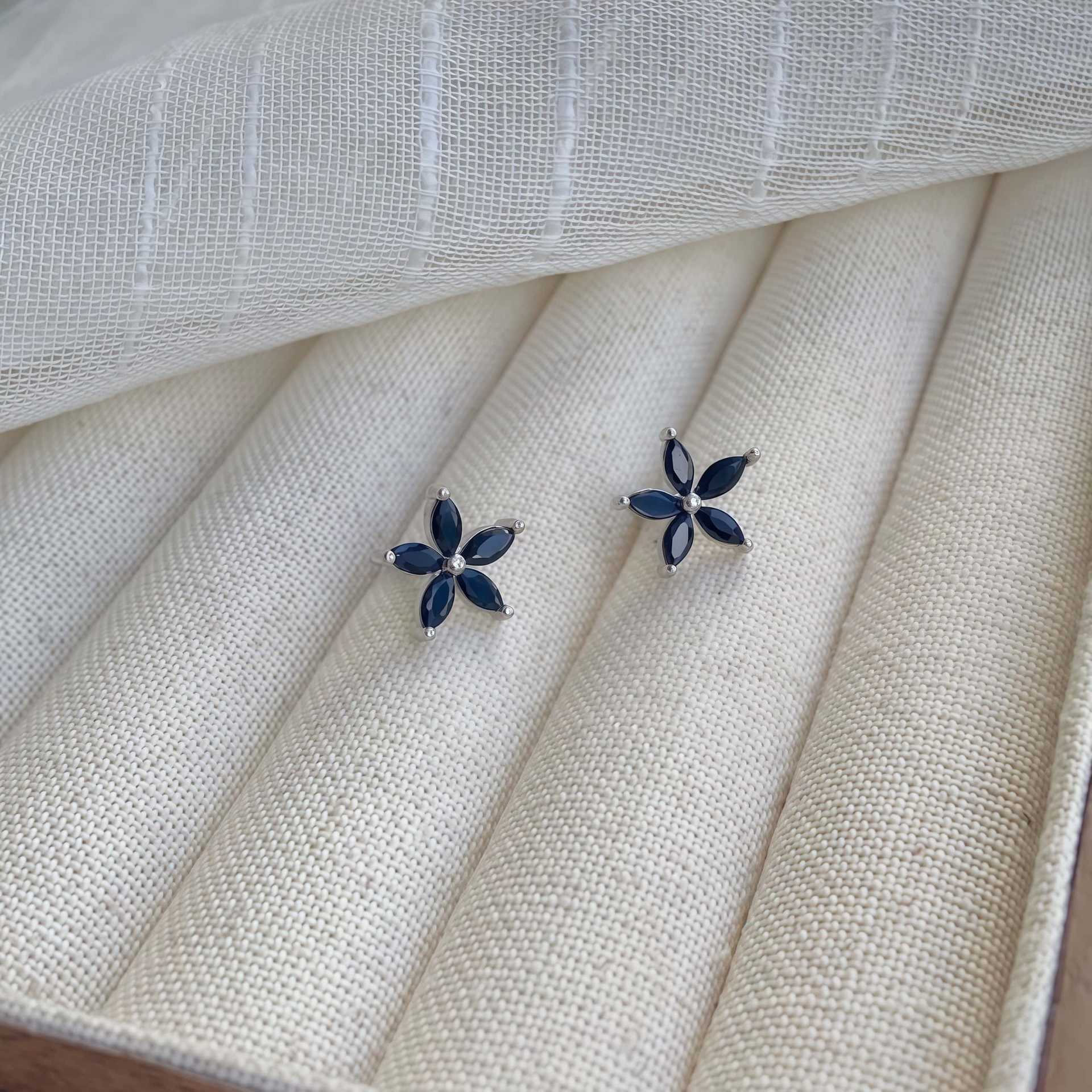 925 Sterling Silver Flower Stud Earrings | Blue Cubic Zirconia Floral Earrings for Women Vintage Jewelry серебряный