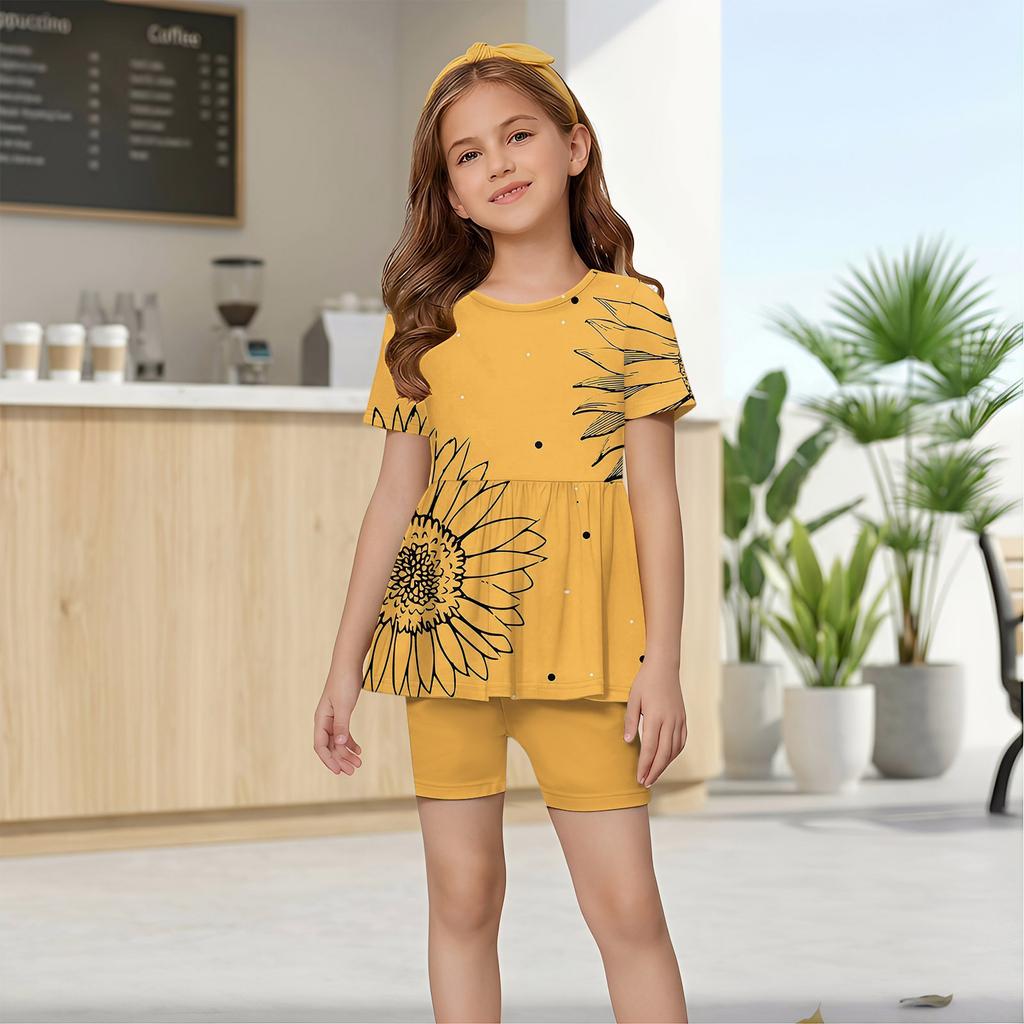 Mädchen Sommer Outfit Set Kurzarm Oberteil mit Rüschensaum und Schleifenprint mit passender Hose Weicher Leichter Bequemer Stoff für den täglichen Gebrauch