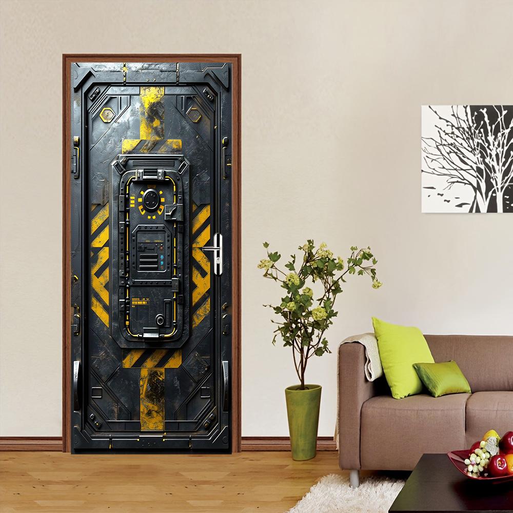 

1 piece of industrial style cyberpunk decorative door stickers, retro metallic texture warning stripe wall stickers, dormitory b (as the picture,77x200cm)