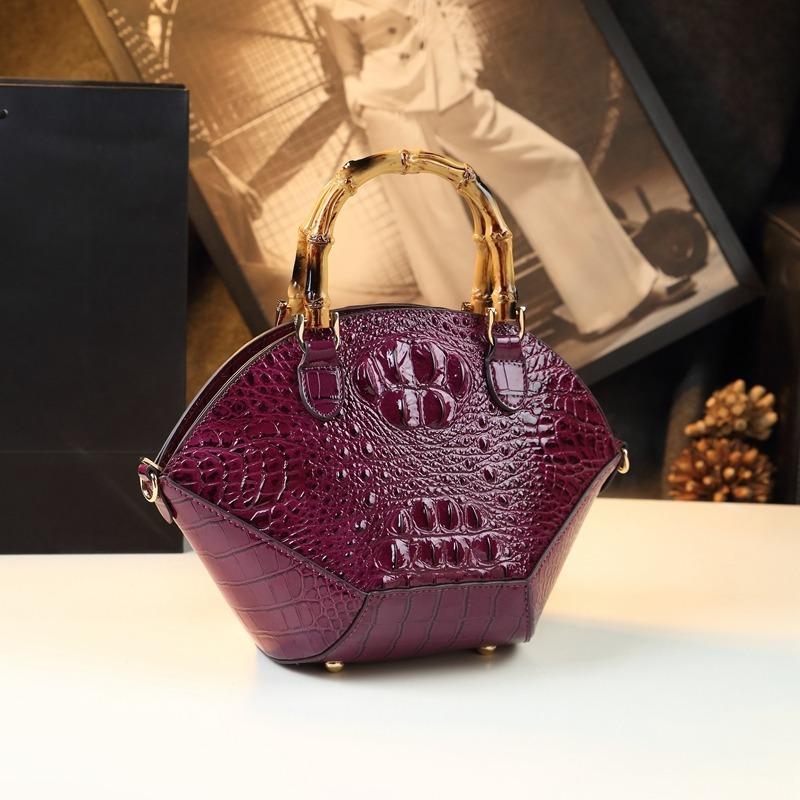 Hard Leather Women's Bag, 2026 New Fashiable Bamboo-patterned Handbag, Shell-style Messenger Bag with Crocodile Pattern