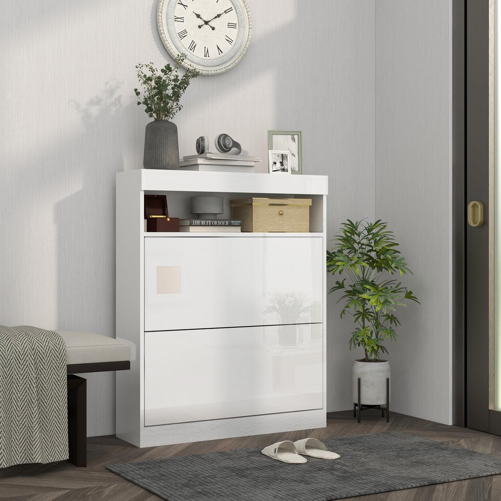 16 Shoe Pair Storage Cabinet With Flip Doors High Gloss White