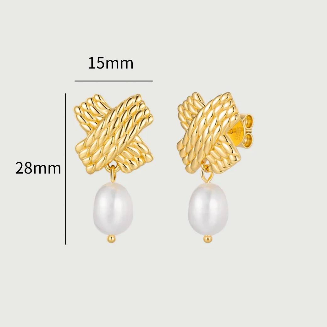Vintage Striped Twisted Interweaving Geometric Dangle Earrings 18K Gold Plated Waterproof Pearl Cross Ear Stud Wed Jewelry Gifts