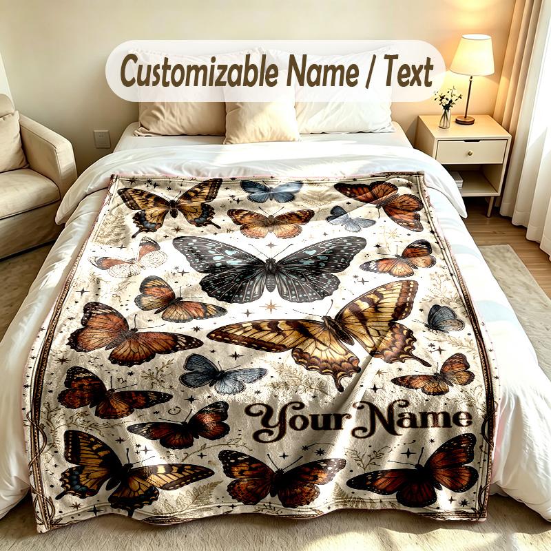 Butterfly Theme Soft Blanket Personalized Custom Name Text Print Warm Blanket Home Sofa Bedroom Decor