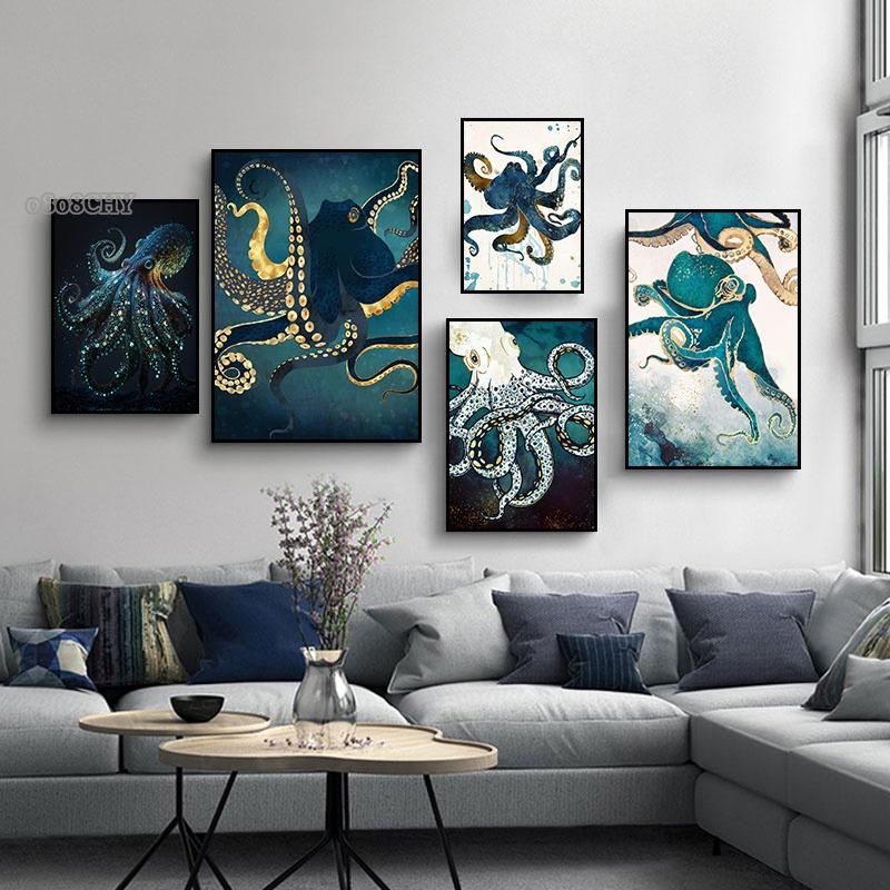 Abstract Octopus Art Canvas Painting Metallic Octopus Posters and Perints Marine Animal Wall Art Pictures for Living Room Decor