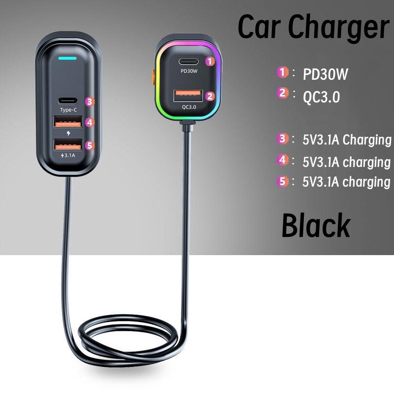 

General Motors Car Charger with 1.5-meter Extension Cable for Simultaneous Charging of Five Devices in The Front and Rear Rows чёрный