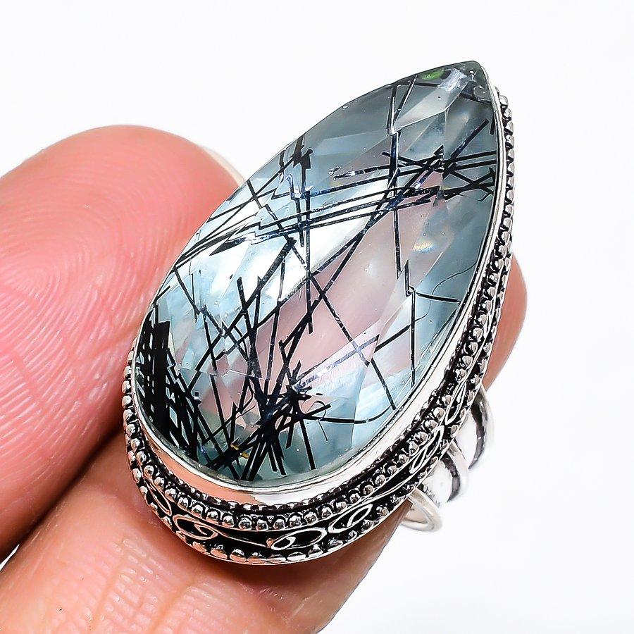 Натуральный Черный Рутиловый Самоцвет Кольцо из Серебра 925 пробы Размер 8 Q2J43
