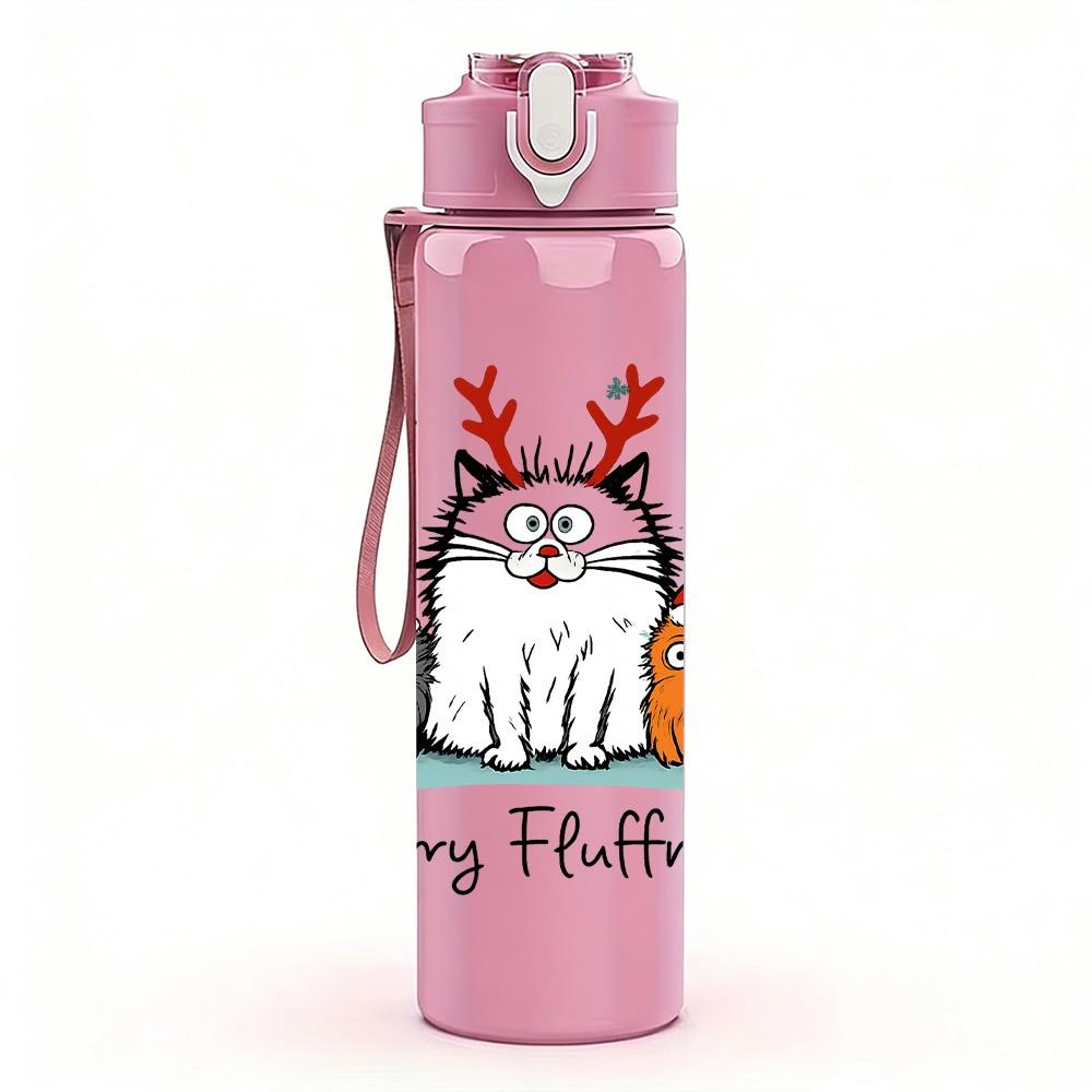 1PC Merry Fluffmas Cat Santa Hat 750ml Color Plastic Sports Water Bottle Leakproof Flip Straw Lid Suitable for Sports Office Home Use