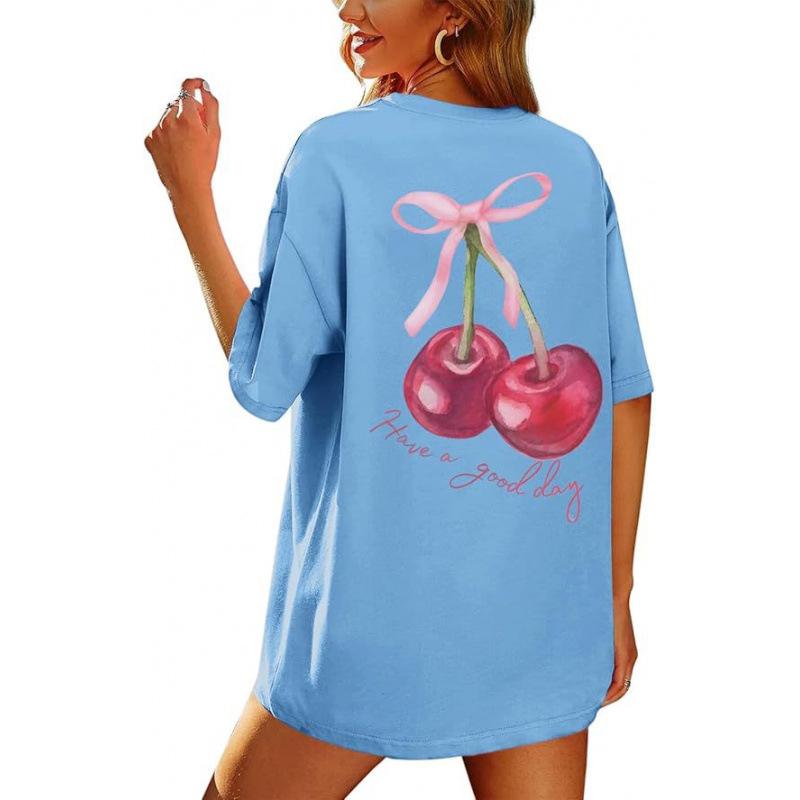 

Женская летняя футболка из хлопка оверсайз с круглым вырезом и принтом «вишня» - Модная футболка с коротким рукавом 3XL