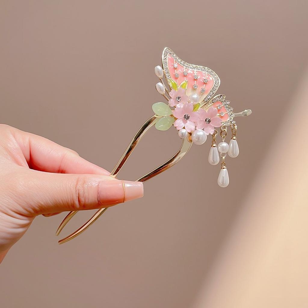 U Shaped Hair Sticks Forks Chinese Fan Shaped Hairpins Side Clips Pearls Pendant Decor Elegant Women Hair Bun Maker Jewelry