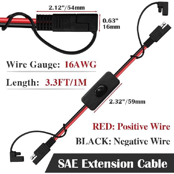 3.3FT/1M SAE to SAE Extension Cable with Switch SAE Extension Cord 2Pin Quick Connect 16AWG Heavy Duty Wire Harness