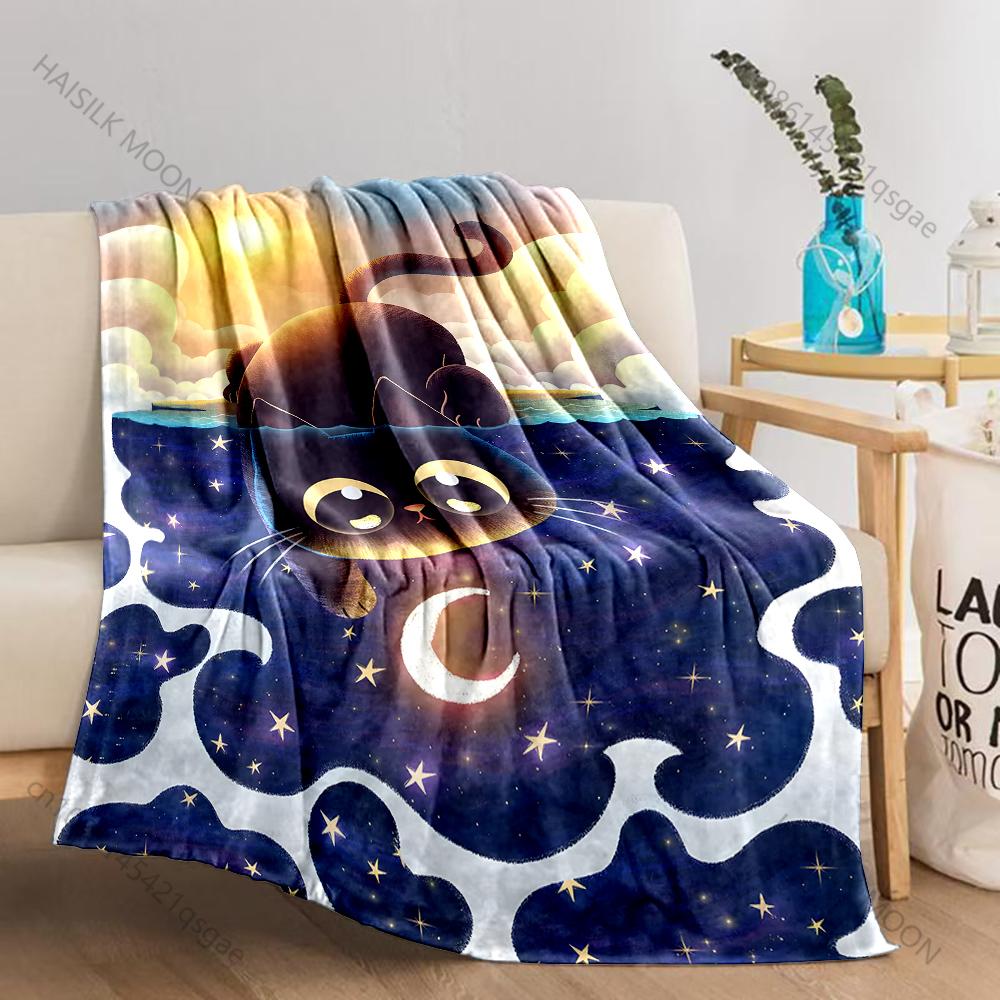 1PC Black cat gazes stars Print Adult Children Warm Blankets Home Travel Car Soft and Comfortable Suitable for all seasons