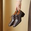 Fashion Women's New Square Head Comfortable Spring and Autumn Genuine Leather Cowhide Lace up Middle Heel Large Oxford Shoes