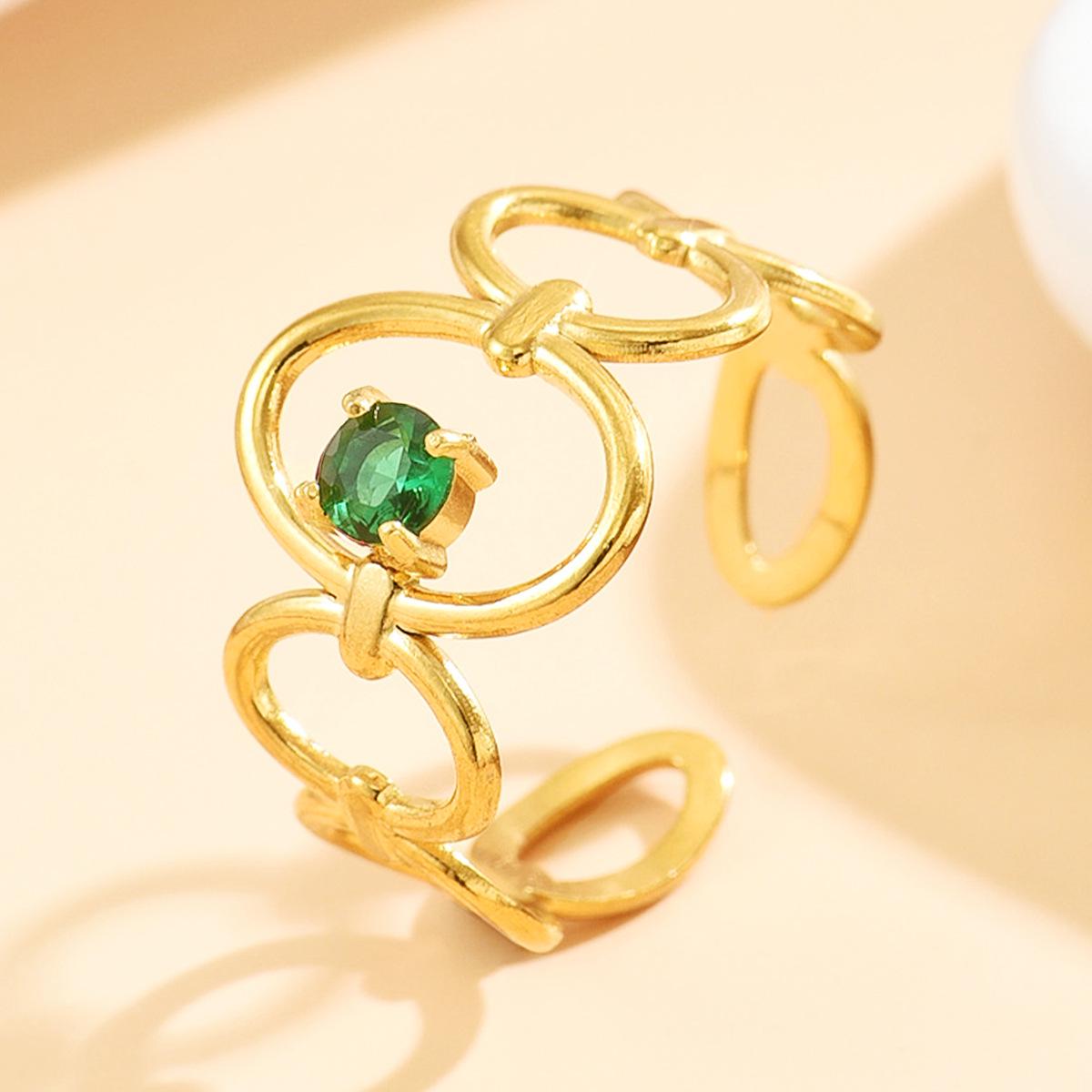 Geometric Hollow Stainless Steel Open Ring with Colored Zircon