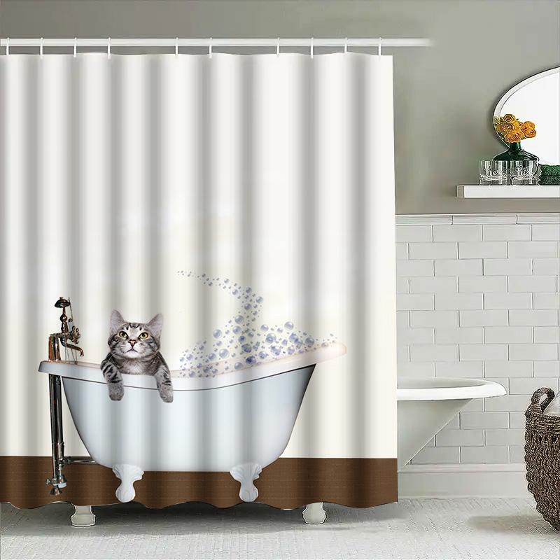 Adorable Cat Bathing Tub Shower Curtain For Bathroom Decoration Modern Home Decor Waterproof Fabric Backsplash Wall Hanging Set