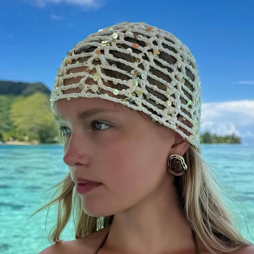 Solid Color Hollowed Out Knitted Hat Thin Bohemian Style Beanies Crochet Sequined Hat Pullover Hat