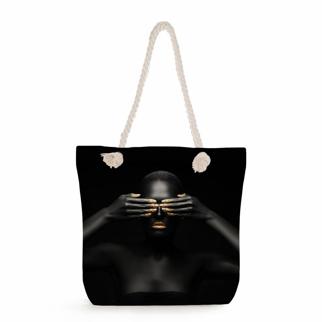 Multifunctional Cool Black People Printed Thick Rope Shoulder Beach Bag Casual Large Capacity Handbag 0114