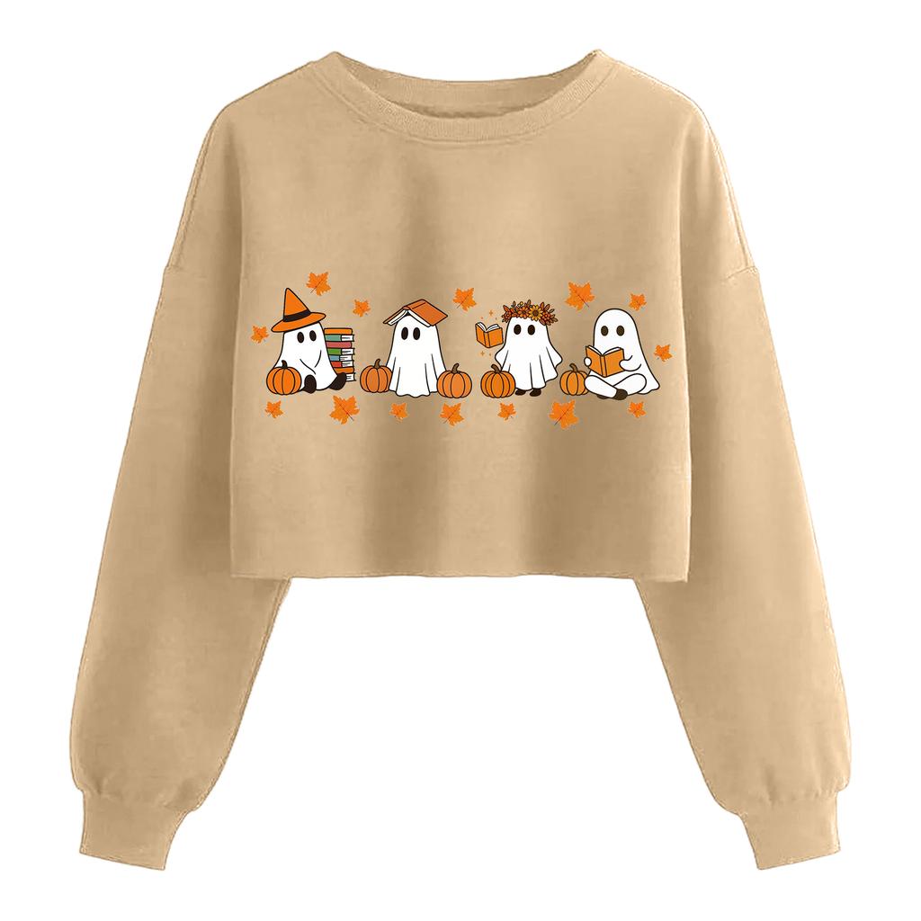 Women's Fashion Halloween Printed Navel-Exposed Long Sleeve Pullover Sweatshirt