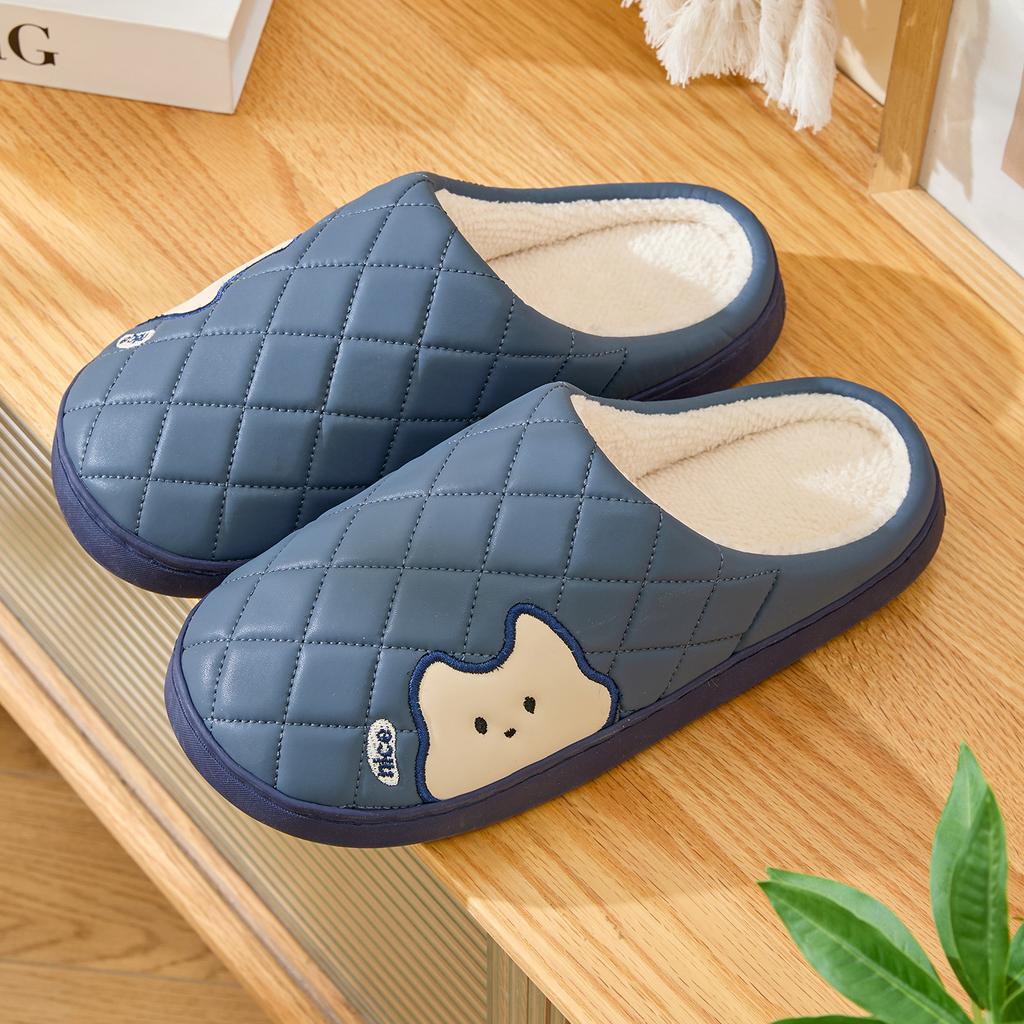 Cartoon Leather Cotton Slippers Waterproof and Non-slip Home Slippers Autumn and Winter Velvet Warm Soft Sole Cotton Mop Indoor Shoes