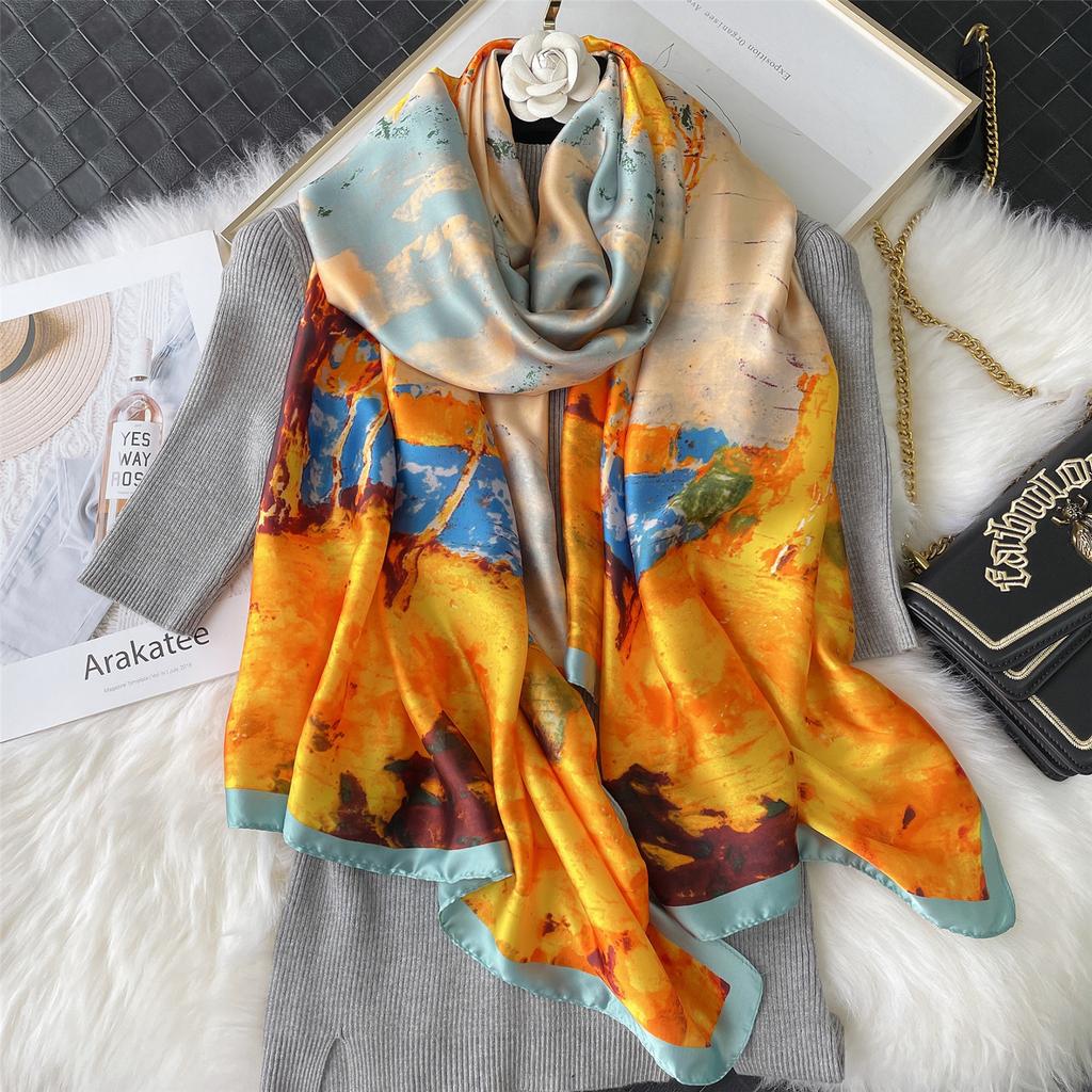 Neue Frühlings- und Sommerdrucke Vielseitiger und multifunktionaler Seidenimitatschal für Damen mit floralem Sonnenschutzschal Mittellanger Stil