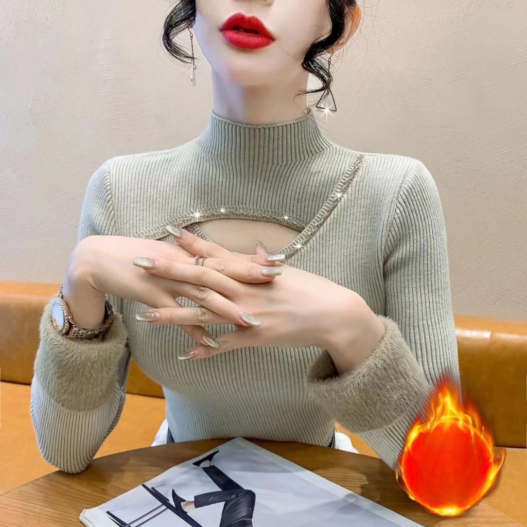 Thick Knit Sweater with Added Velvet Semi High Neck Autumn and Winter Hollow Knitting Bottom Design Top