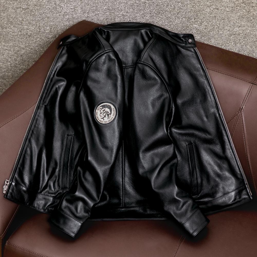 Genuine Cowhide Leather Jacket for Men Fashion Stand Collar Short Casual Biker Coat