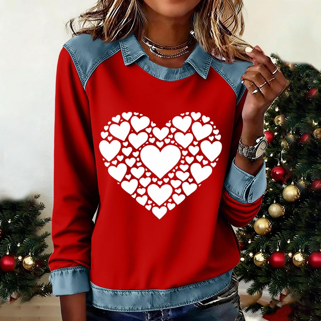 Women's Fashion Flared Long Sleeve Denim Patchwork Sweatshirt Valentine's Day Print Casual Pullover Top