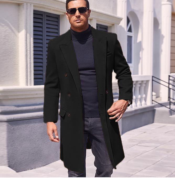 Herren Europäischer Stil Zweireihiger Dicke Wollige Lange Jacke, Große Größen, Cross2024 Kollektion