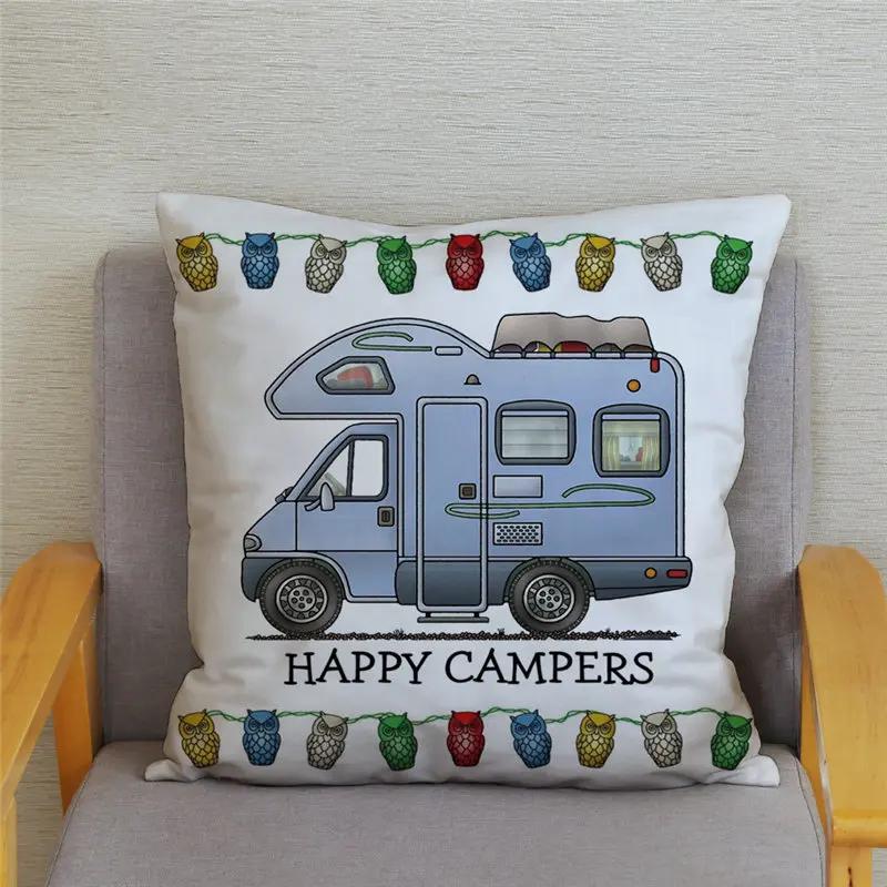 45X45Cm Happy Campers Owl Motorhome Print Pillow Case Soft Polyester Sofa Car Seat/Back Cushion Cover For Home Decor Pillowcases
