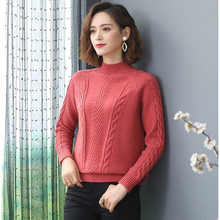 Women's Short Sweater Thickened Knitted Sweater Loose Semi-high Neck Base Sweater Solid Color Pullover