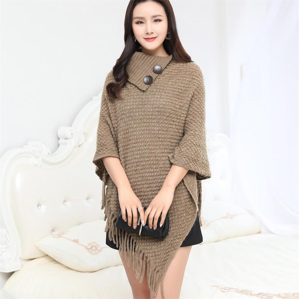 Autumn/Winter High Neck Buttoned Tassel Women's Cape: Warm European & American Fashion Knitted Sweater Shawl