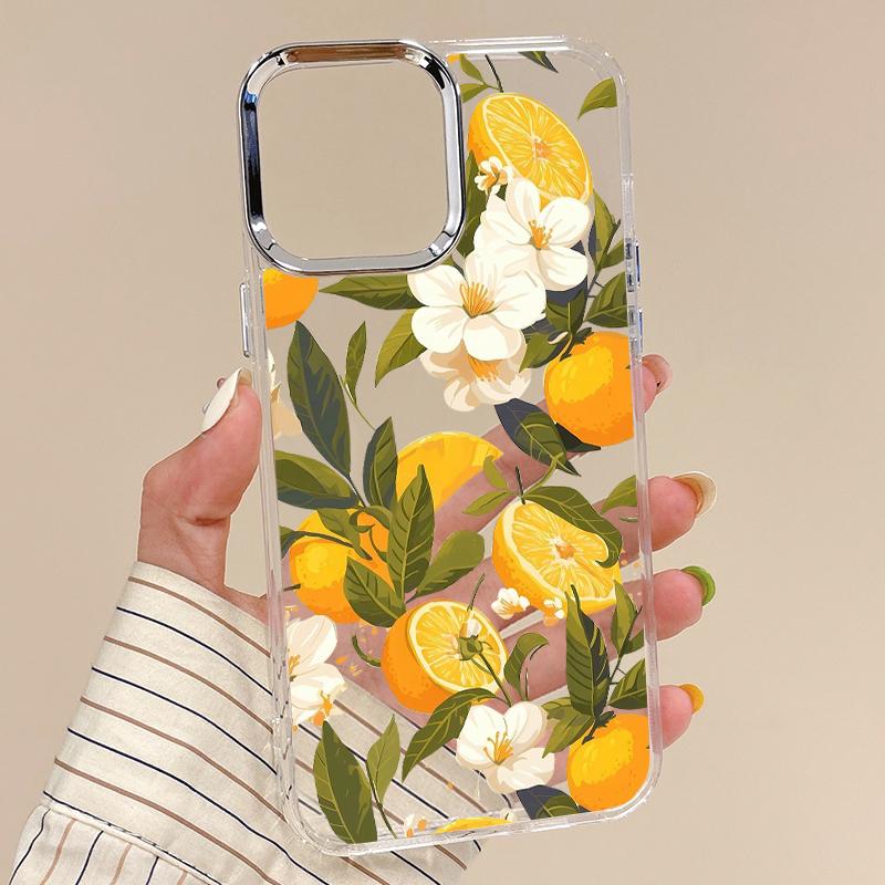 Flowers Fruits Print Case For iPhone 17 18 Pro Max Plating Lens Clear Soft Cover For iPhone 16 15 14 13 Pro Max 17E