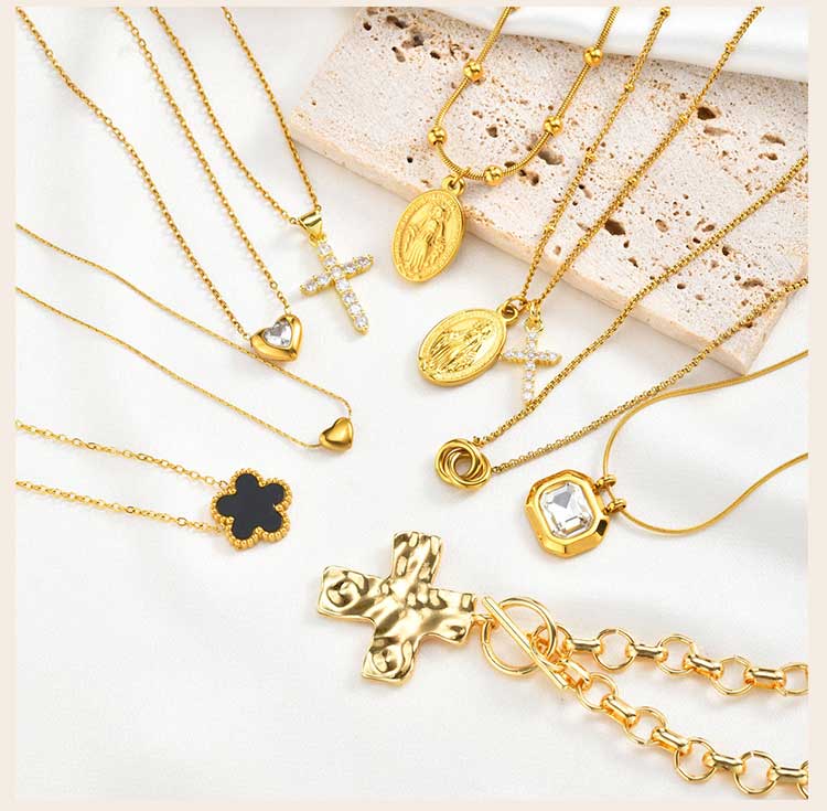 Stainless Steel Pendant Necklaces Women, Cross Virgin Mary Clover Heart Charms Necklace, Tarnish Resistant Waterproof Jewelry