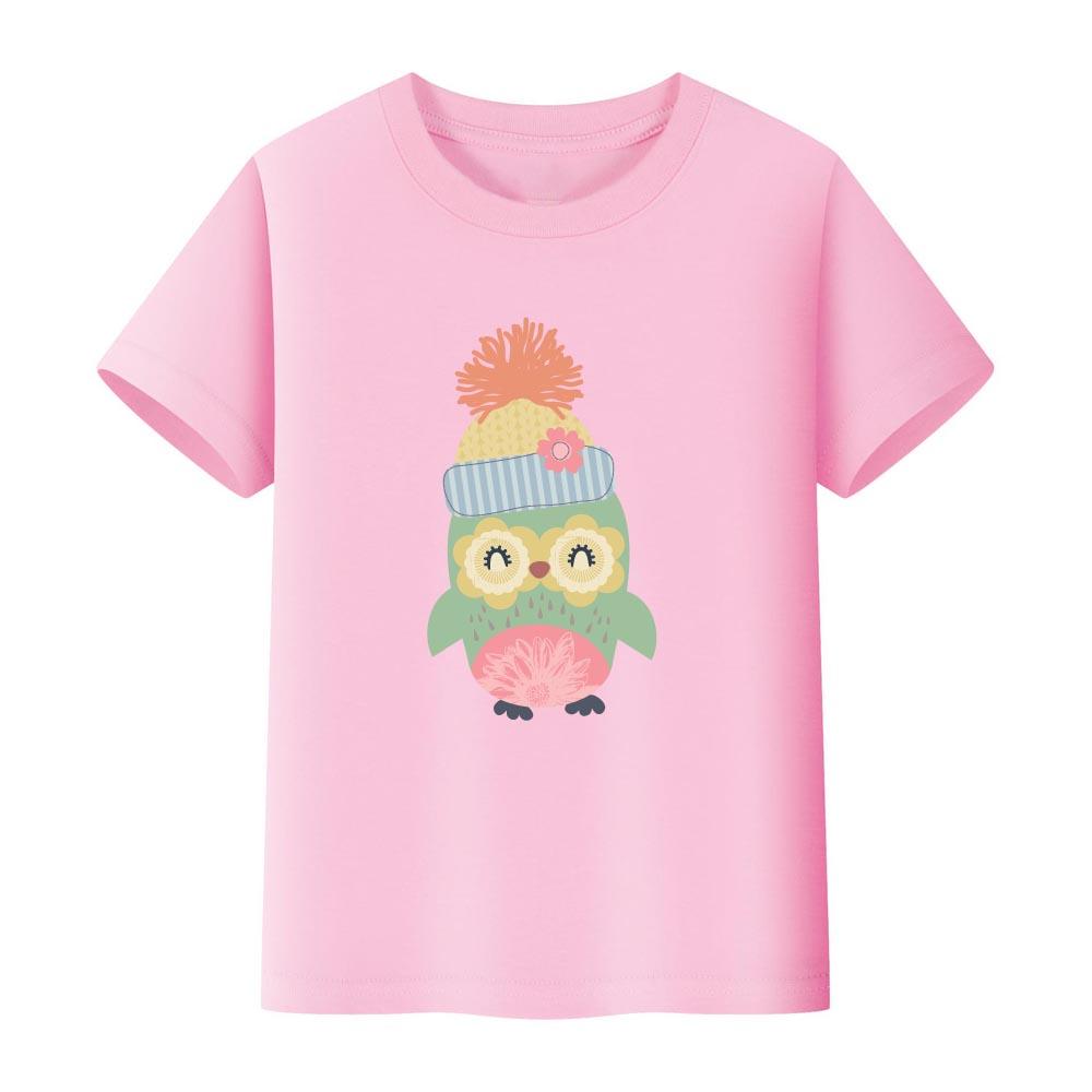 100% Cotton Girls' T-shirt Cute Cat and Penguin 2D Print Short-sleeved Casual Top for Children, Suitable for Both Boys and Girls