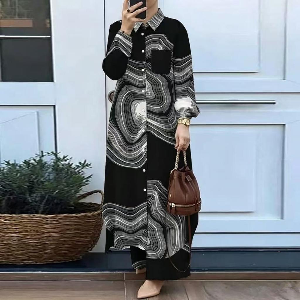 Women Solid Two Piece Outfit Lapel Long Shirt Maxi Blouse Wide Leg Pants Set Elegant Modest Muslim Abaya Suit Spring Daily Wear For Middle East Market