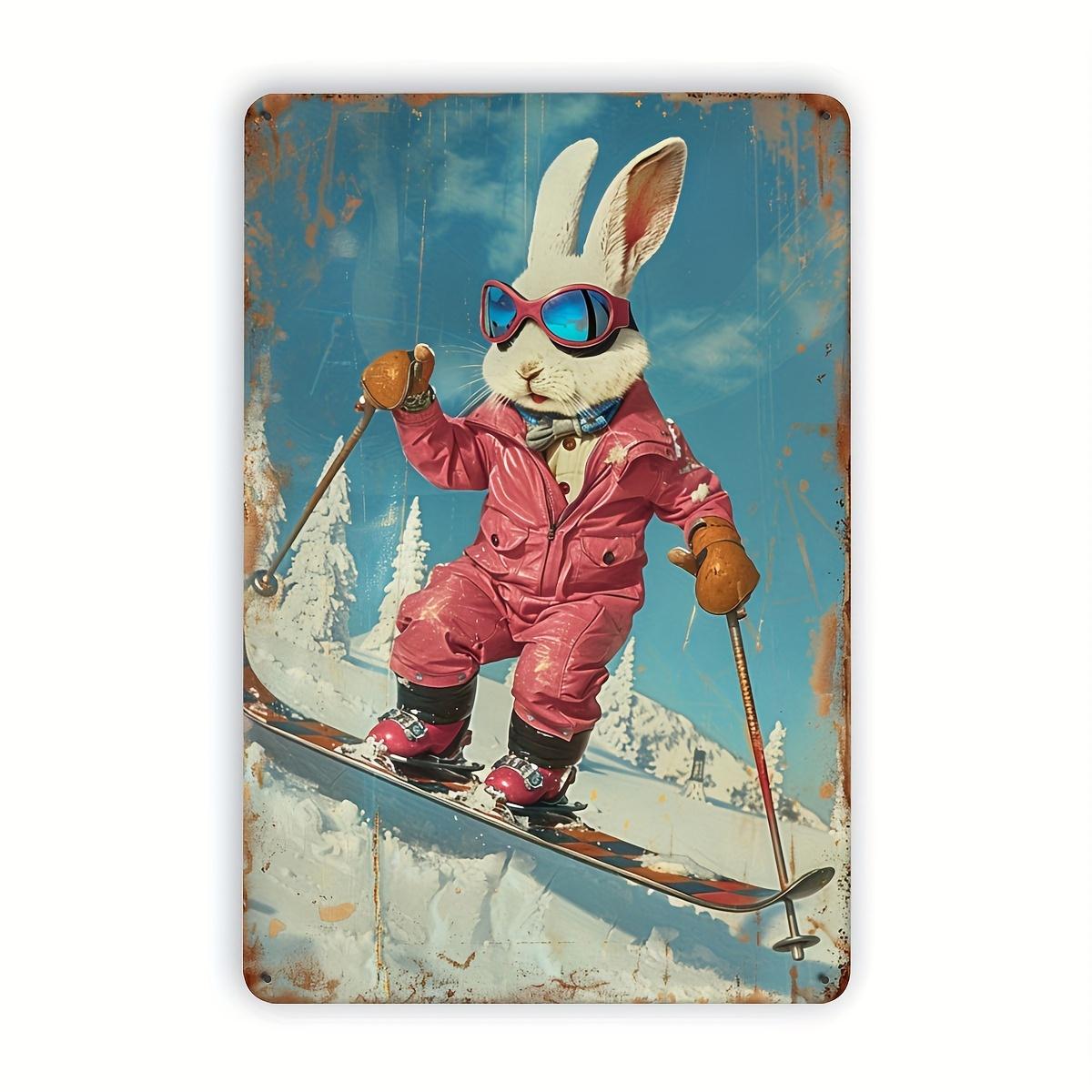 

2D Flat, 1pc Vintage Skiing Bunny Metal Wall Decor - 80s Ski Resort Style with Ski Suit Rabbit - Heavy-Duty Iron Construction 20x30cm（7.8x11.8inch）