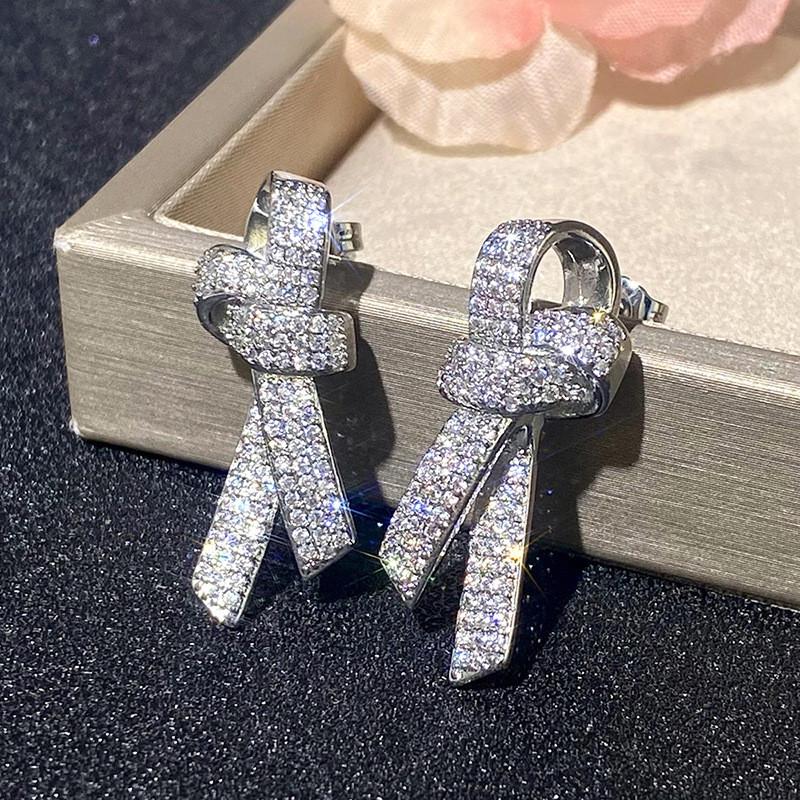 925 Sterling Silver Bow Stud Earrings for Women Sparkling Crystal Cubic Zirconia Temperament Accessories Female Jewelry