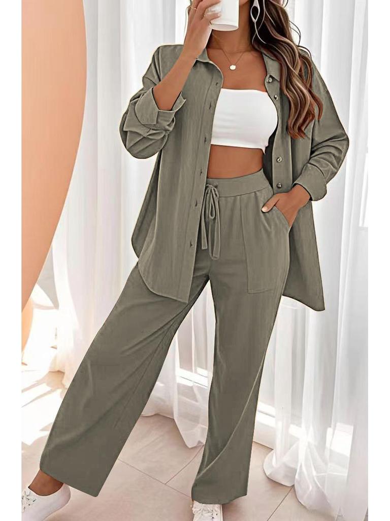 2024 Women's Casual Two-Piece Shorts Set - Solid Color Loose Short Sleeve Shirt with Single-Breasted Design
