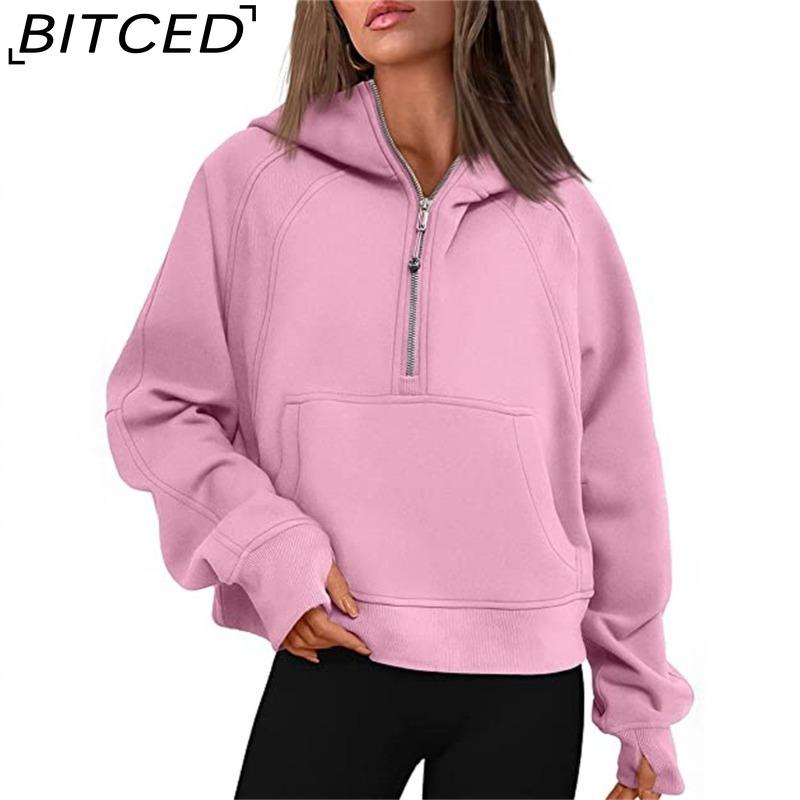 BITCED Autumn/Winter Yoga Wear Women's Sports Half-Zip Hooded Sweatshirt Loose-Fit Fleece-Lined Women's Casual Top