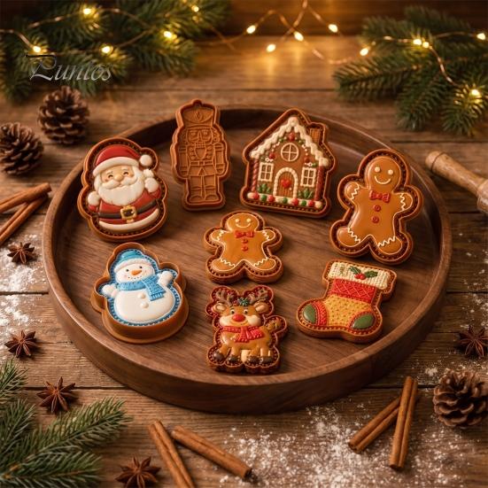 Party Snack Baking Kit Christmas Cookie Cutter, Push Type Integrated Mold, Plastic Holiday Biscuit Stampers Clay Decorating Tool for Kitchen Supplies