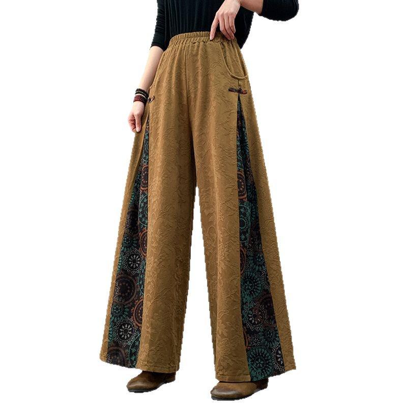 Women's Ethnic Retro Jacquard Wide-Leg Pants, Spring 2025 - Loose, Slimming, Frog Button Patchwork Culottes