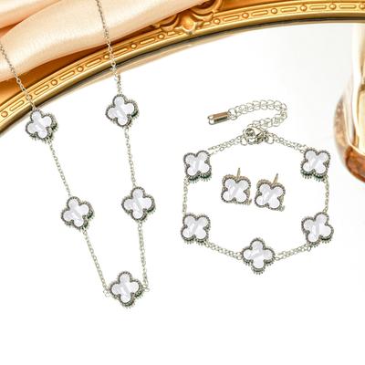 3PCS Titanium Steel Non Fading Double-sided Clover Necklace Bracelet Earring Set