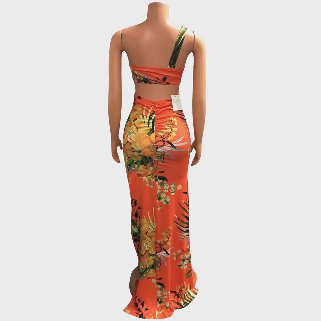 European & American Women's Printed Sexy Slit Sling Long Dress