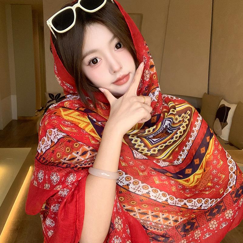 Small fresh green floral silk scarf women's summer travel buckle sunscreen large shawl beach towel thin yarn scarf scarf