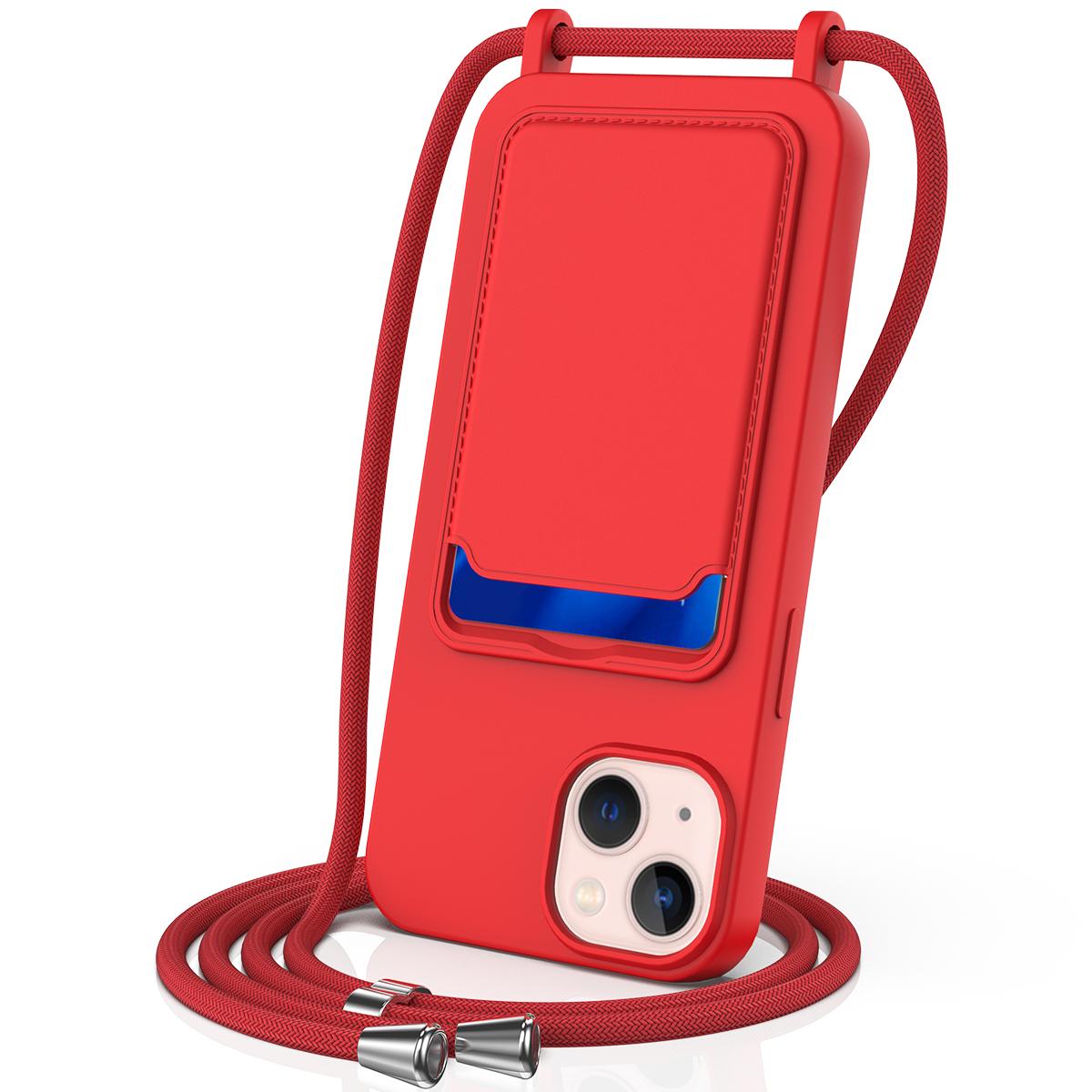 

Case for iPhone 15 Plus Shell Liquid Silicone Card Holder Phone Cover with Long Lanyard Red