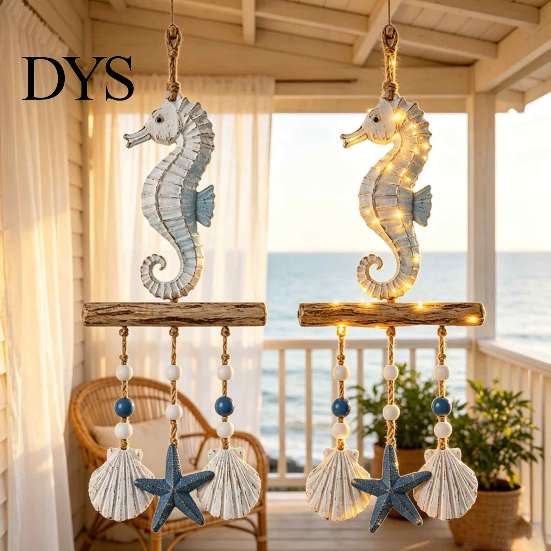 Jute Rope Wall Hanging Lighted Coastal Wooden Ornament, Nautical Fish Shell Starfish Sign with Handmade Beach Vibe Art Warm LED Lights, House